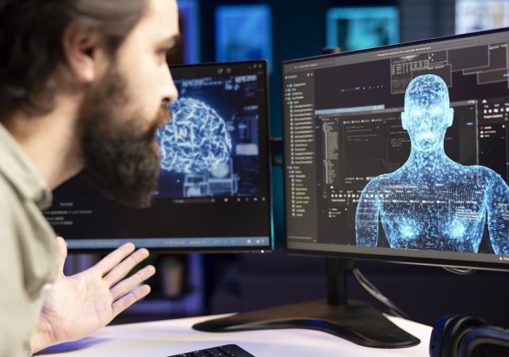 AI robot gaining humanoid form inside computer